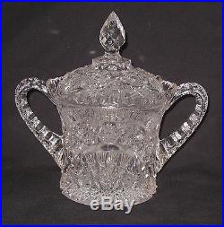 Antique Clear Pressed Cut Glass Covered Jar Thistle Pattern with Handles 8 #K10