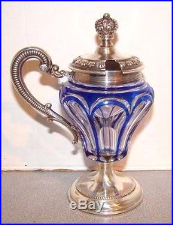 Antique Cobalt Cut To Clear Glass with Silver Footed Handled Sugar Bowl Jar