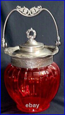 Antique Consolidated Glass Co Pigeon Blood Torquay Silver Plate Biscuit Jar
