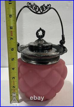 Antique Consolidated Glass Co Quilted Florette Satin Pink Biscuit Jar WithLid READ