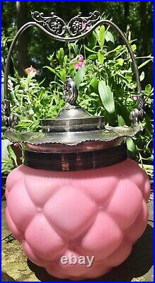 Antique Consolidated Glass Pink Satin Glass Biscuit Jar Florette Pattern