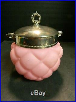 Antique Consolidated Quilted Pink Glass & Silverplate Handled Biscuit/Cookie Jar