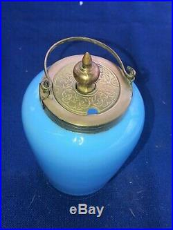 Antique Covered French Blue Opaline Art Glass Marmalade Jar with Bronze Handle