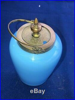 Antique Covered French Blue Opaline Art Glass Marmalade Jar with Bronze Handle