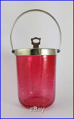 Antique Cranberry Crackle Glass Preserve/Jam Jar with Silver EPNS Handle and Lid
