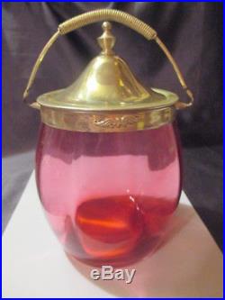 Antique Cranberry Glass Biscuit Cracker Cookie Jar Silver Plate LID Swing Handle