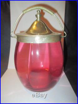 Antique Cranberry Glass Biscuit Cracker Cookie Jar Silver Plate LID Swing Handle