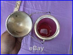 Antique Cranberry Glass Biscuit Cracker Jar Silver Plated Handle Lid Vintage