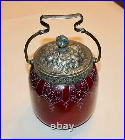 Antique Cranberry Glass Biscuit Jar with Pewter handle & Lid, Porcelain Interior