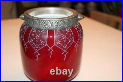 Antique Cranberry Glass Biscuit Jar with Pewter handle & Lid, Porcelain Interior
