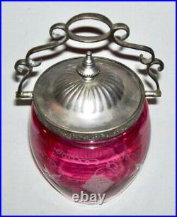 Antique Cranberry Glass (Cut-to-Clear) BISCUIT JAR withGrape Motif & Swing Handle