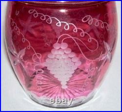 Antique Cranberry Glass (Cut-to-Clear) BISCUIT JAR withGrape Motif & Swing Handle