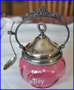 Antique Cranberry Glass Jam Jar With Spoon, Silverplated Handle And Top