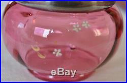 Antique Cranberry Glass Jam Jar With Spoon, Silverplated Handle And Top