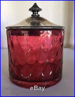 Antique Cranberry Glass Jar with Silver plate Lid and Twisted Handle Holder