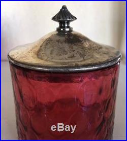 Antique Cranberry Glass Jar with Silver plate Lid and Twisted Handle Holder