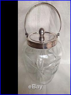 Antique Crystal Biscuit Barrel Jar Silver-Plated Handle & Lid England Cut Glass