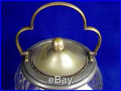 Antique Cut Glass Biscuit Barrel Cookie Jar With Silver Plate & Brass Handle