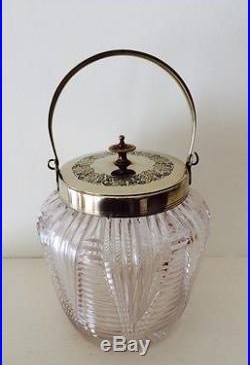 Antique Cut Glass Crystal Biscuit Barrel / Jar with Silver-Plated Handle and Lid