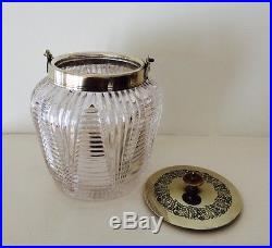 Antique Cut Glass Crystal Biscuit Barrel / Jar with Silver-Plated Handle and Lid