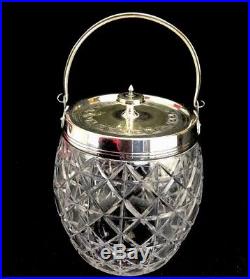 Antique Cut Glass Crystal Biscuit Cookie Jar Silverplated Greek Key Bail Handle