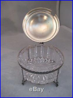 Antique Cut Glass Dresser Jar box sterling 800 Silver holder Lid with handle rare