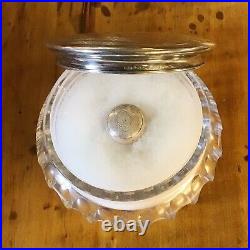 Antique Cut Glass Powder Jar Sterling Silver Lid Powder & Puff Sterling Handle