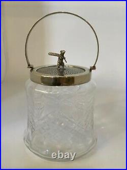 Antique Cut Glass & Silver Plate Biscuit Barrel Jar with Figural Mouse Finial