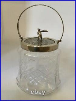 Antique Cut Glass & Silver Plate Biscuit Barrel Jar with Figural Mouse Finial