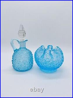 Antique Daisy & Button AQUA BLUE Vase & Cruet