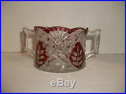 Antique EAPG Ruby Stained Glass button Fan Tree Double Handle Candy Dish Jar