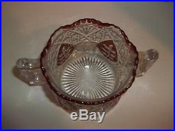 Antique EAPG Ruby Stained Glass button Fan Tree Double Handle Candy Dish Jar
