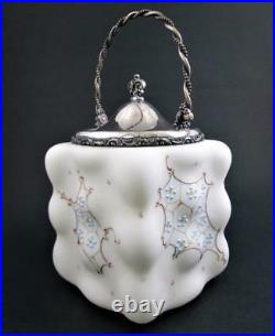 Antique EGG CRATE Biscuit CRACKER jar BLUE enamel FLOWERS & Netting WAVE CREST