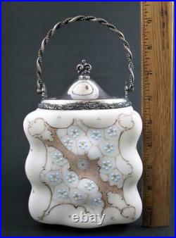 Antique EGG CRATE Biscuit CRACKER jar BLUE enamel FLOWERS & Netting WAVE CREST