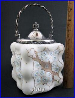 Antique EGG CRATE Biscuit Jar hp BLUE enamel FLOWERS & Netting WAVE CREST