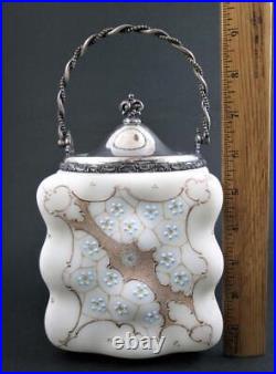 Antique EGG CRATE Biscuit Jar hp BLUE enamel FLOWERS & Netting WAVE CREST