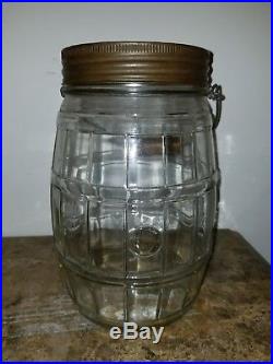 Antique Early American Pressed Glass Barrel Pickle Jar Tin Lid Wood Handle Clear