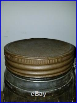 Antique Early American Pressed Glass Barrel Pickle Jar Tin Lid Wood Handle Clear