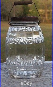Antique Early Century General Store Glass Pickle Jar EAPG Ribbon Design Handle