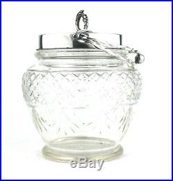 Antique Edwardian Silver Plated Cut Glass Biscuit Barrel Jar Barley Twist Handle