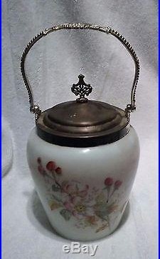 Antique Elegant Hand Painted Flowers Milk Glass Biscuit Cracker Jar With Handle