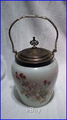 Antique Elegant Hand Painted Flowers Milk Glass Biscuit Cracker Jar With Handle