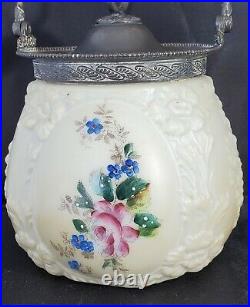 Antique Embossed Custard Biscuit Cracker Jar Floral with Silverplate Rim & Lid