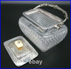 Antique English Cut Glass Strawberry Diamond Crystal Silverplate Biscuit Jar Box