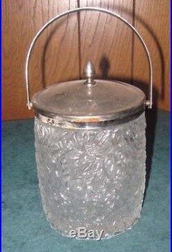 Antique English Pressed Glass Biscuit Barrel With LID And Handle