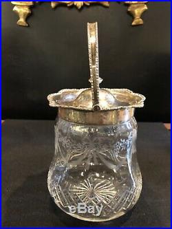 Antique Etched & Cut Glass Biscuit or Cookie Jar with Silverplate Handle
