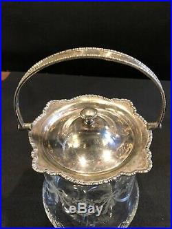 Antique Etched & Cut Glass Biscuit or Cookie Jar with Silverplate Handle
