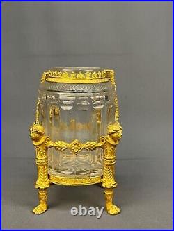 Antique French Crystal and Gilt Ormolu Condiment Jar with Stand + 4 Faces