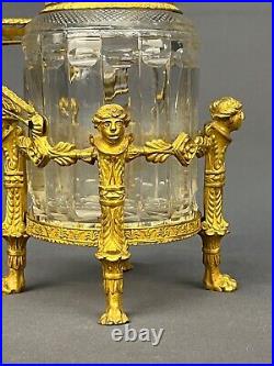 Antique French Crystal and Gilt Ormolu Condiment Jar with Stand + 4 Faces