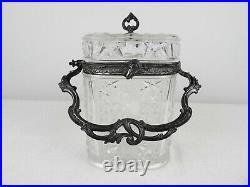 Antique French Cut Glass Biscuit Jar with Lid and Ornate Metal Handle